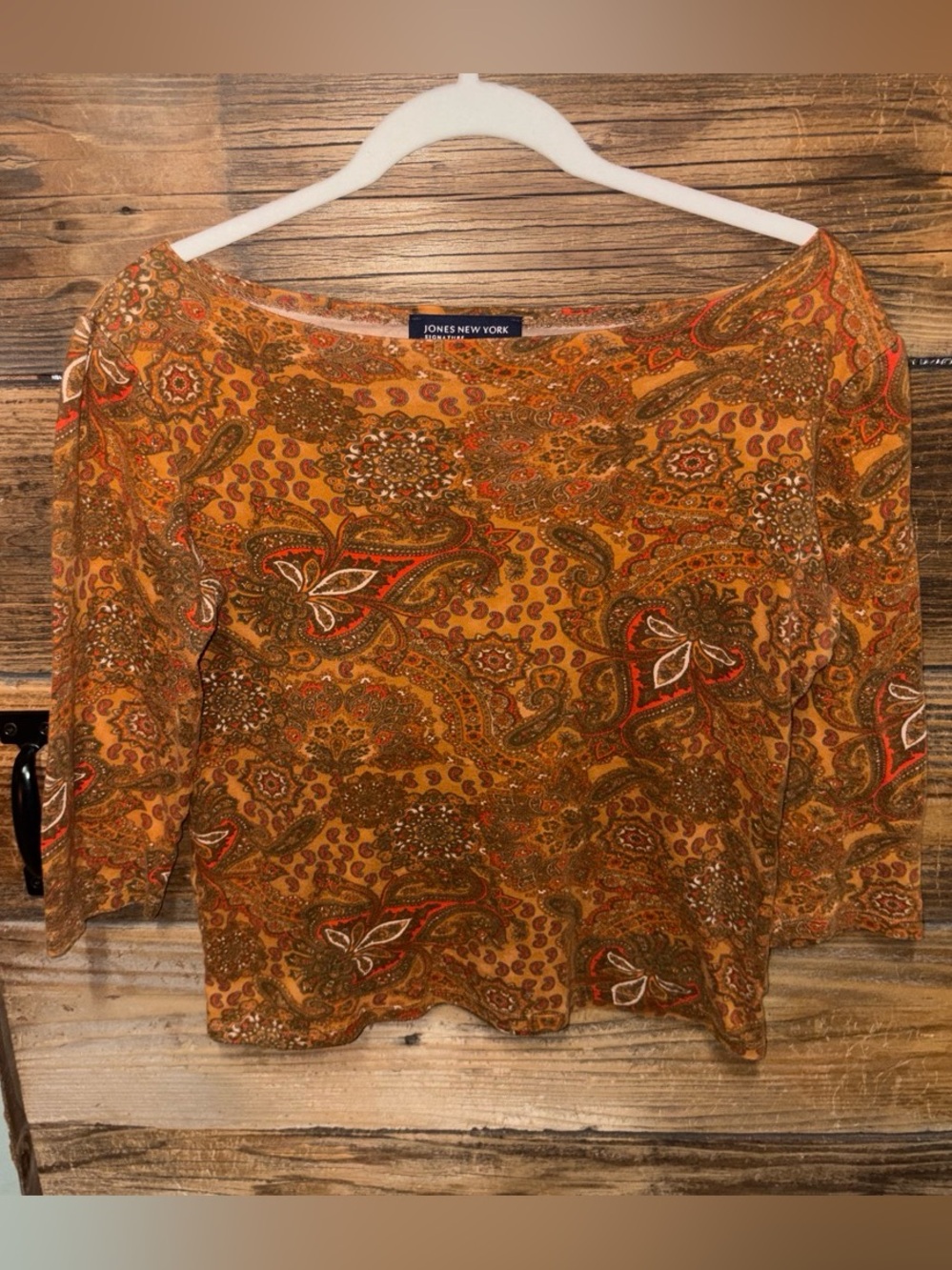 Vintage Y2K Jones New York Burnt Orange Paisley Boatneck Long-Sleeve Top